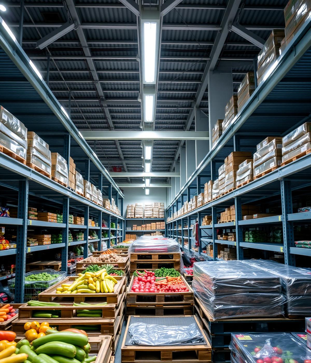 Grossistlager med pallar av färsk frukt och grönt